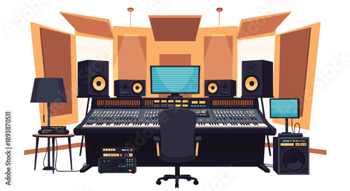 Modern Music Production Room with Large Mixing Desk Dual Monitors and Studio Speakers Flat Vector Illustration