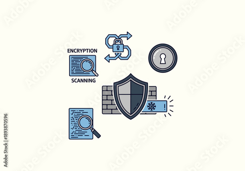 Vector Ilustration Icon Concept Cybersecurity and data protection icon set with shield, firewall, encryption, and scanning symbols.
