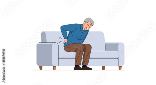 Senior Man Sitting on Couch Holding Lower Back with Pain Expression Isolated on White Background Vector Art