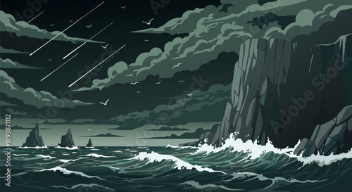 Vector illustration of a stormy night ocean, with crashing waves against dark cliffs and meteors falling from dramatic, cloudy sky