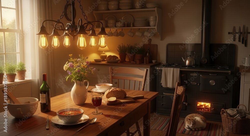 Fototapeta premium Warm light illuminates a rustic kitchen scene set for a cozy meal near a wood burning stove.