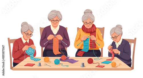 Group of Four Senior Women Sitting at Table and Knitting Together Colorful Garments Flat Vector Illustration