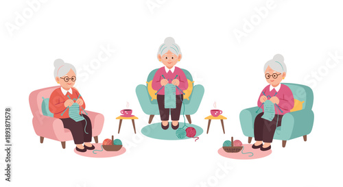 Three Senior Women Knitting in Comfortable Armchairs with Tea and Baskets of Yarn Flat Vector Illustration