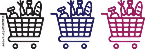 full grocery shopping cart icon three icon set vector illustration design 