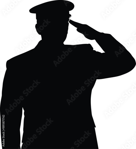 Silhouette of a military officer or police officer in uniform saluting with hand to cap brim