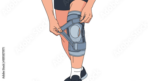 Close Up of Person Putting on Grey Medical Knee Brace for Joint Support and Injury Prevention Illustration