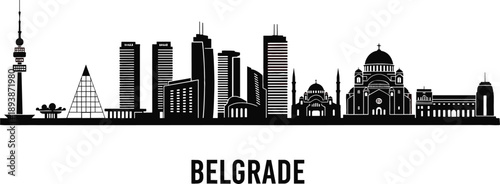 Tableau sur toile Detailed Belgrade city skyline silhouette with Temple of Saint Sava and Genex To