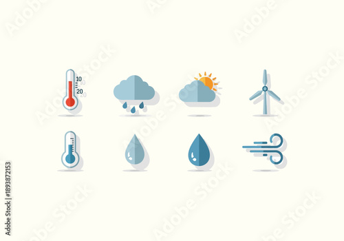 Vector Ilustration Icon Concept Colorful Weather Icons Set - Thermometer, Clouds, Rain, Sun, Wind Turbine, Water Drops, and Wind.
