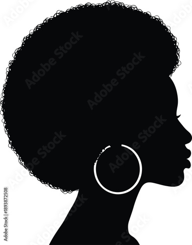 Silhouette profile of a beautiful black woman with a large natural afro hairstyle and hoop earrings, vector graphic design