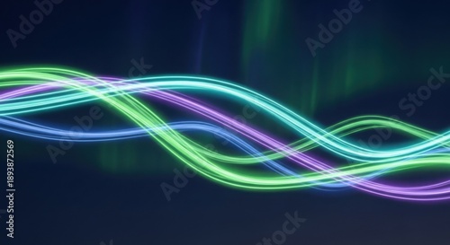 An abstract colorful wave background featuring blue neon light curves and flowing fractal lines in a motion-filled vector art design with a glowing energy effect