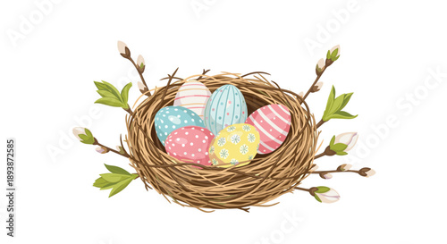 Bird Nest with Colorful Painted Easter Eggs and Spring Pussy Willow Branches Decorative Holiday Concept