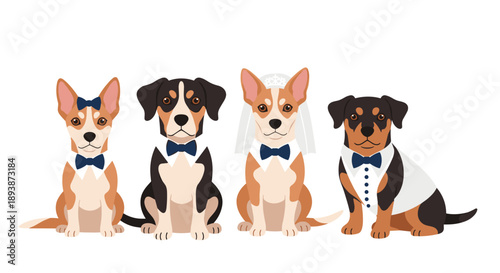Group of Four Dogs Dressed in Formal Wedding Attire with Bow Ties and Veil Cute Pet Wedding Party Scene