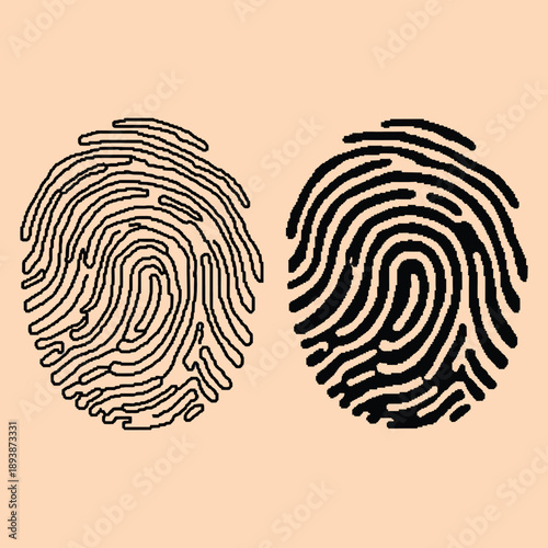 Fingerprint icons black and white thumb impressions on peach background unique identification symbols simple graphic design elements security and authentication visual representations minimalist