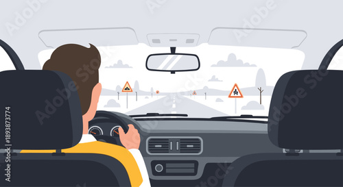 Interior Car View of Man Driving on Highway with Road Signs and Traffic Visible Through Windshield Flat Design