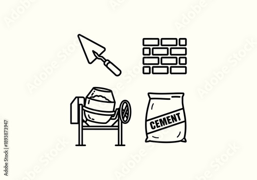 Vector Ilustration Icon Concept Construction tools and materials - Trowel, brick wall, cement mixer, and cement bag.