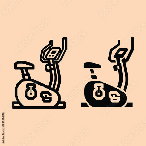 Two exercise bikes on beige background minimalist black and white fitness icons stationary cycling equipment for gym or home workout vector illustration in flat design style