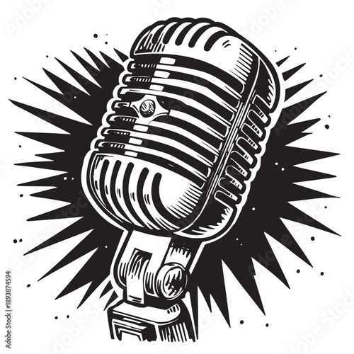 Retro vintage style condenser microphone with radiating sunburst explosion and small speckled background elements, classic artistic ink drawing on white