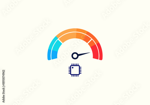 Vector Ilustration Icon Concept CPU Performance Meter - Colorful gauge with needle pointing right, chip icon below.