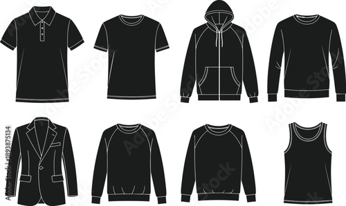 Clothing silhouette collection with casual and formal apparel designs, fashion garment templates, black vector illustration set isolated on white background
