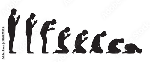 Man performing Islamic prayer positions demonstrating stages of salah prayer movement from standing to prostration