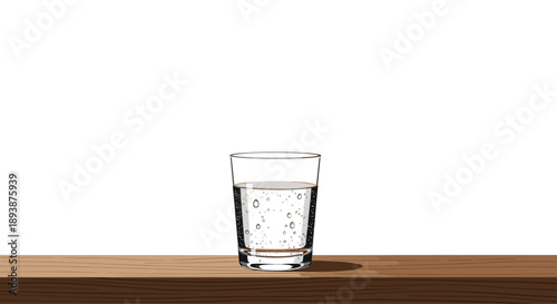 Refreshing Clear Glass of Sparkling Water on Polished Wood Table Surface Against a Minimalist White Background.