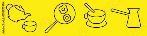 Simple line icons set of kitchen utensils and cookware on yellow background.