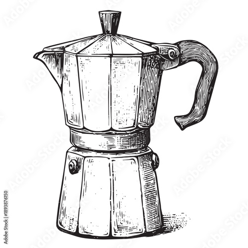 Detailed vintage hand-drawn sketch of a classic aluminum moka pot, artfully rendered with hatching and cross-hatching for texture, showcasing traditional stovetop espresso brewing