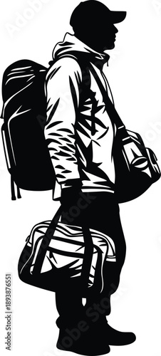 Man with backpack and luggage walking