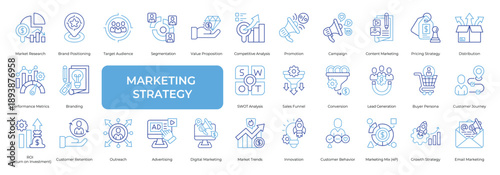 Marketing Strategy Icon set Collection in Line Two Color Style. marketing, strategy, business, research, branding