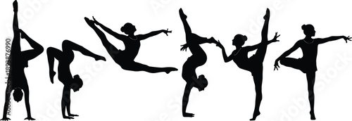 Female gymnast silhouette set performing acrobatic dance and gymnastics poses isolated on white background, graceful movement illustration for sport fitness design vector