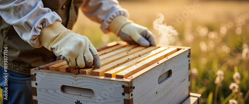 Beekeeper removing lid from hive in sunny field with dandelions  