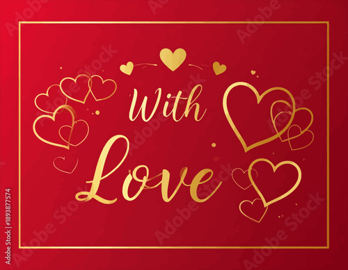 Golden illustration of love surrounded by hearts on a red background viewed from directly above