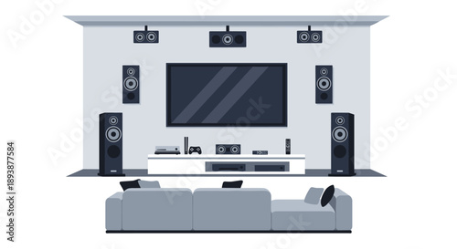 Modern Living Room Interior with a Large Screen TV Surround Sound System and Comfortable Sofa for Home Cinema.