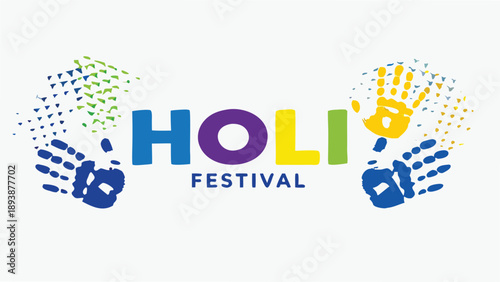 Vibrant holi festival colorful handprints and lettering on white background