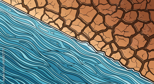 Drought and Water Contrast: An evocative illustration of the harsh realities of drought, contrasting cracked, parched earth with the life-giving flow of water. 