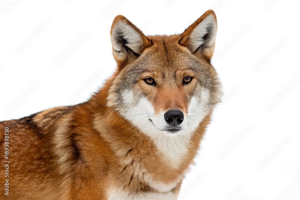 Obraz premium a Red Wolf with a reddish-brown fur coat, white underbelly, and alert brown eyes, set against a stark white background