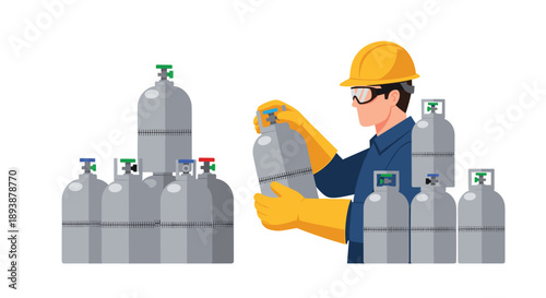 Professional Technician in Safety Helmet and Goggles Inspecting Industrial Gas Cylinders in a Warehouse Area.
