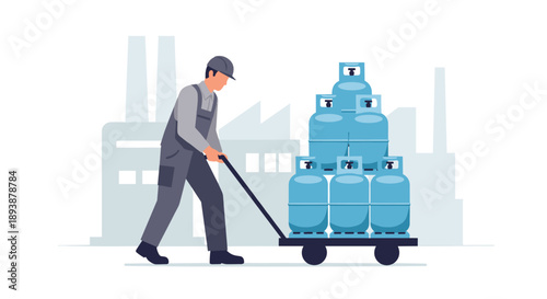 Logistics Worker Pulling a Flatbed Trolley Loaded with Stacks of Blue Gas Tanks in a Factory Plant Environment.