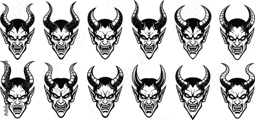 Demonic horned devil mask silhouette set isolated on white background, evil monster face illustrations collection for horror tattoo logo design branding vector