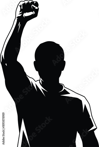 A black silhouette of a man with his fist raised in the air