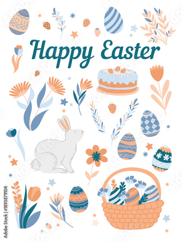 Happy easter greeting card design with pastel eggs, flowers and basket, modern vector illustration