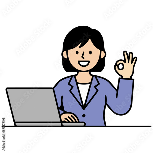 ノートパソコンを操作しながら、にこやかにOKサインを送るスーツの女性です。清潔感のある滑らかな質感の描写が、ビジネスへの活力と成功への希望を感じさせます。信頼感のある雰囲気で、前向きな進歩を伝える広告や資料に最適です。