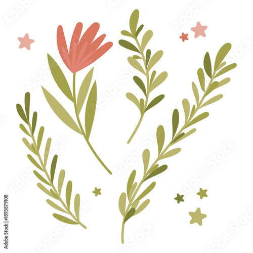 Floral branches and leaves with small stars, spring wreath elements vector illustration isolated on white