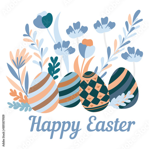 Happy easter greeting card with decorated eggs, flowers and spring elements, pastel vector illustration