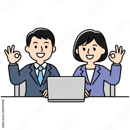 ノートパソコンを前に、にこやかにOKサインを掲げるビジネスパーソンの男女です。シンプルで滑らかな描写が、チームの調和と目標達成への輝きを表現しています。協力してプロジェクトを成功へ導く、ポジティブな未来を象徴する一枚です。