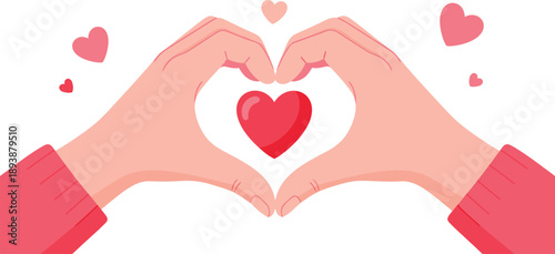 Hands forming heart shape with pink sleeves and multiple small hearts around