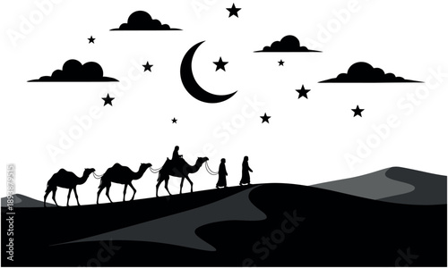 Ramadan desert night scene with camels and crescent moon islamic holy month of fasting and reflection