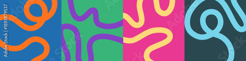 Set of four minimalist abstract square backgrounds with vibrant, playful winding lines and bold color palettes. Perfect for social media and covers.
