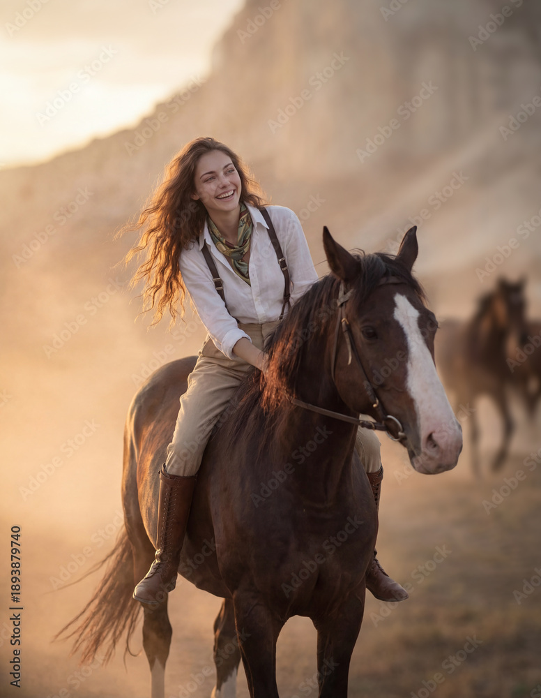 Obraz premium A young woman with a brown horse in a scenic valley with mountains background