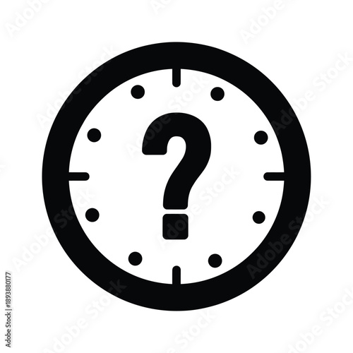 A black and white clock face with a question mark instead of hands
